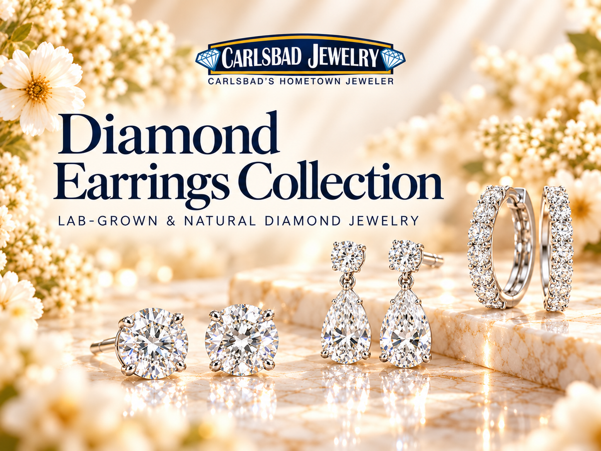 Carlsbad Jewelry diamond earrings collection: lab-grown and natural diamond studs, drops and hoops
