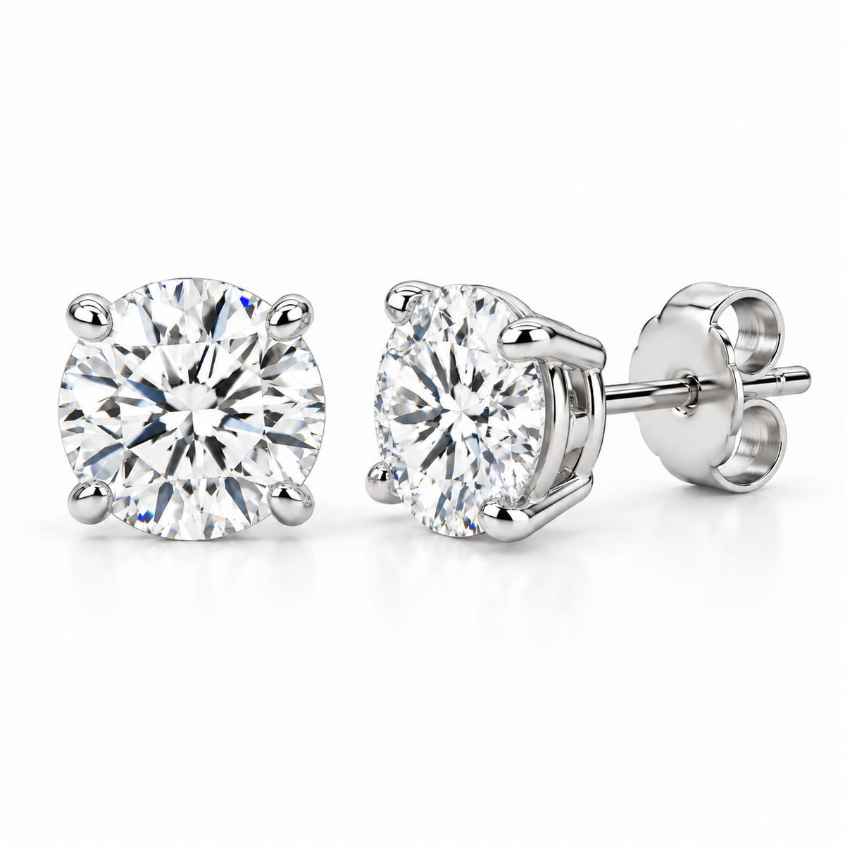 Lab-grown round brilliant diamond stud earrings in 14k white gold, one shown from the front and one from the side