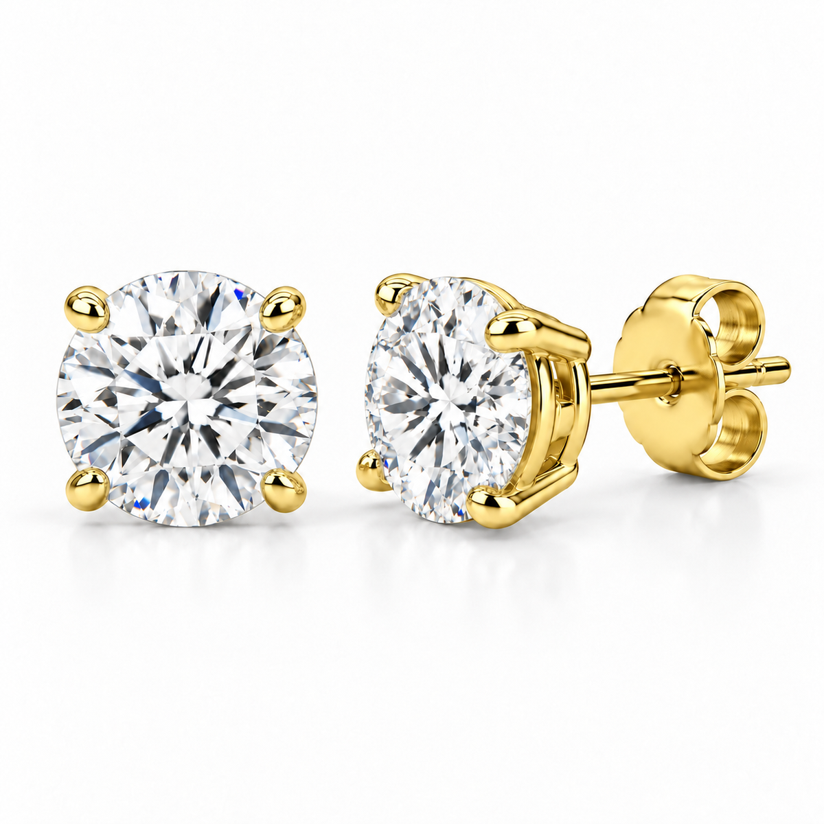Lab-grown round brilliant diamond stud earrings in 14k yellow gold, one shown from the front and one from the side