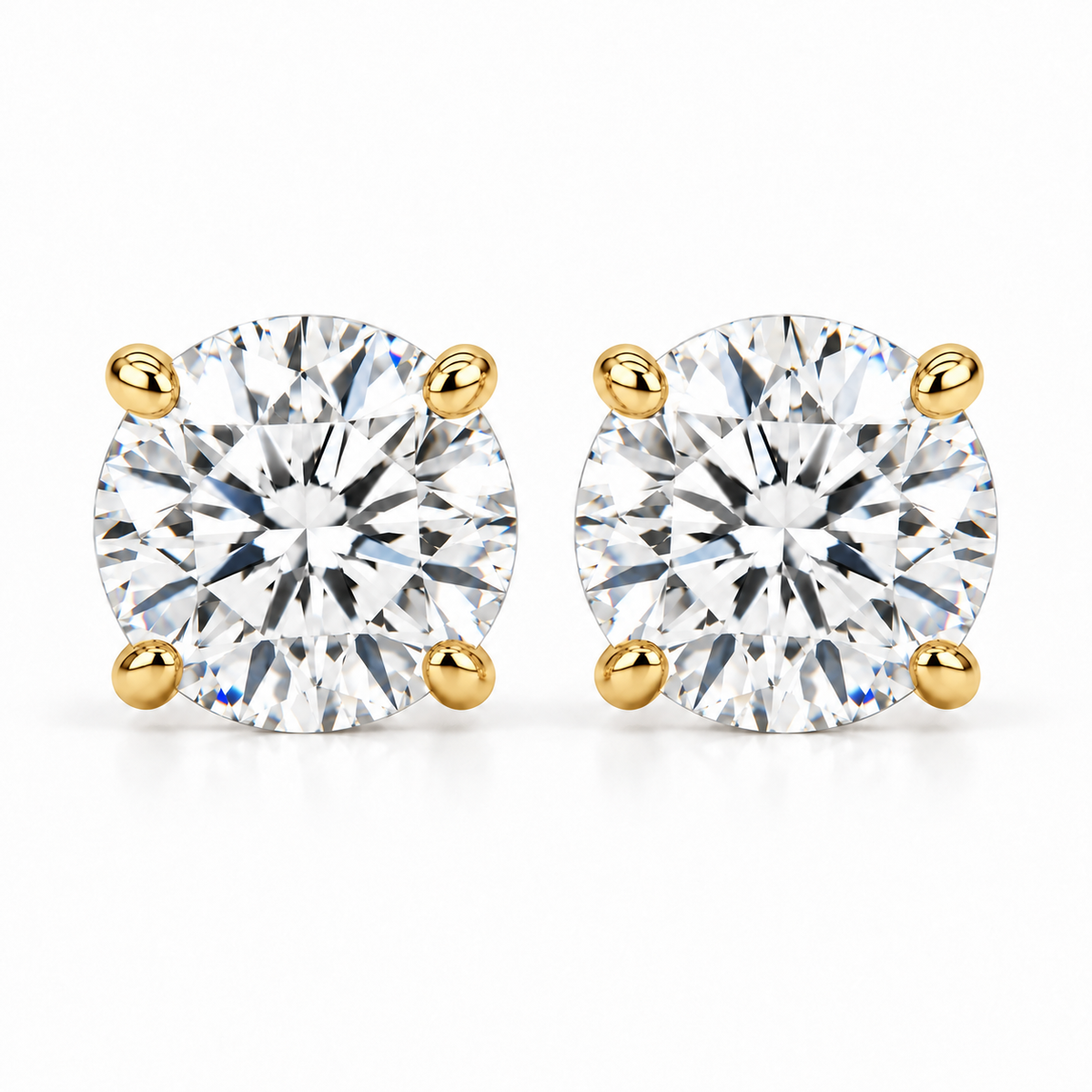2 carat total weight lab-grown round brilliant diamond stud earrings in 14k yellow gold four-prong settings