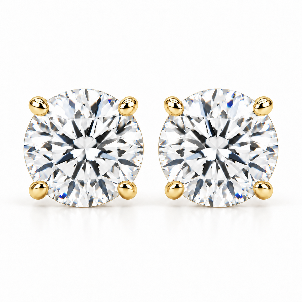 5 carat total weight lab-grown round brilliant diamond stud earrings in 14k yellow gold four-prong settings